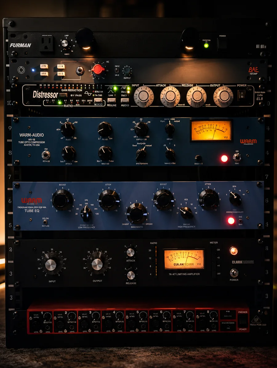 Lunar Mansion Studios outboard gear rack — BAE 1073MP, Distressor EL8, Warm Audio WA-1B, Tube EQ, Clark Technik 76-KT